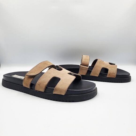 Steve Madden Mayven Tan Nubuck Leather Adjustable Strap Slide Sandals Size 9.5 - Picture 2 of 10